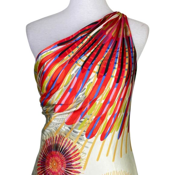 J. Hoaglund Starburst Multicolor Satin Silk One Shoulder Mini Cocktail Dress - Picture 4 of 12